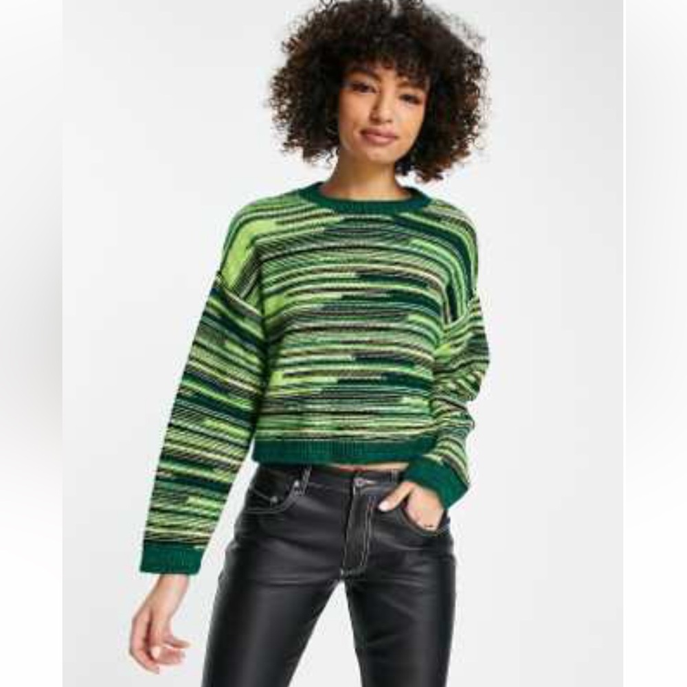 NWT- SWEATER 12 to 14 in PULLOVER GREEN WHIP-STRIPED SPACE DYE, CREW NECK